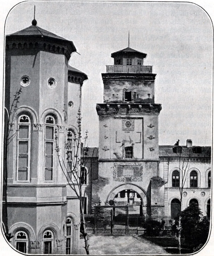 The Colței Tower in an 1870 photograph: a narrow tower with a belfry and lantern beside a building with arched windows.