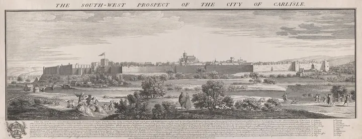 Engraved panoramic prospect of a walled border city, with the castle at one end