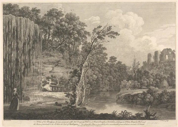 Engraving of a rock face over which water falls in an unbroken curtain across an overhang, with visitors below
