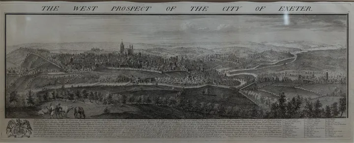 Engraved panoramic prospect of a cathedral city on a hill, its walls and towers drawn in detail