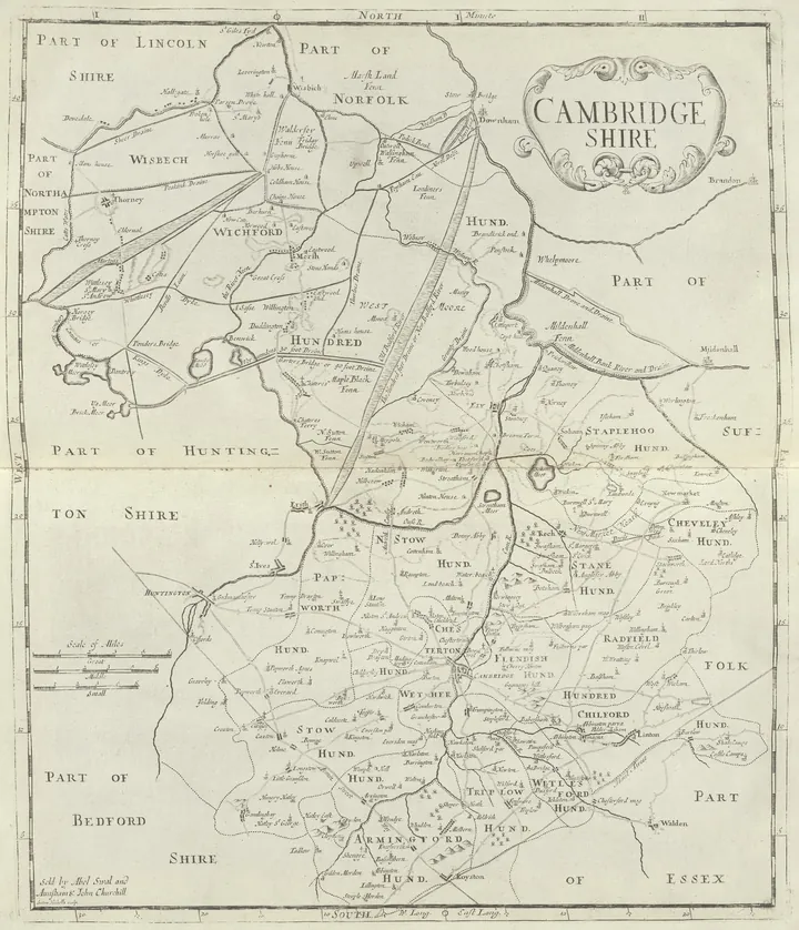 Engraved map of a level county, with the fens hatched and the rivers drawn heavy