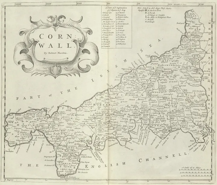 Engraved map of a narrow peninsula, with deep bays on both shores and a sharp point to the west