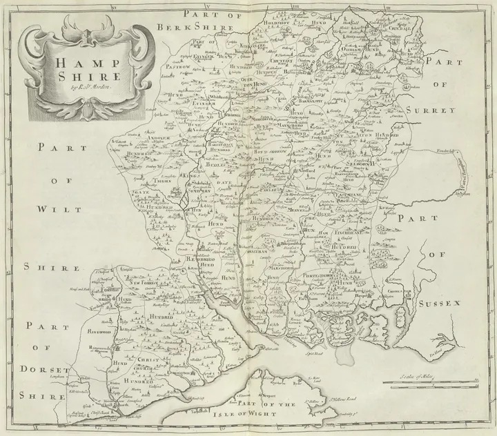 Engraved map of a coastal county, with the offshore island drawn to scale and a compass rose