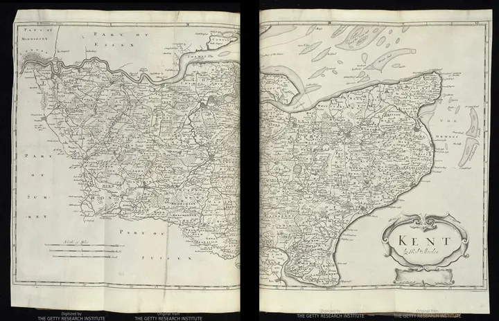 Engraved map of a coastal county, with a wide estuary to the north and towns linked by dotted roads