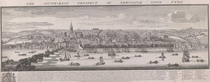 Engraved panoramic prospect of a city on a riverbank, with bridges, shipping and coal smoke