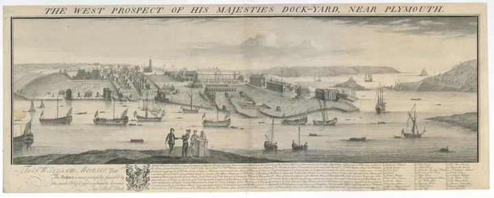 Engraving of a naval dockyard, with docks, long storehouses and warships at anchor