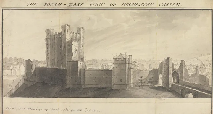 Engraving of a square Norman keep and its curtain wall seen from across the water, with boats in the foreground