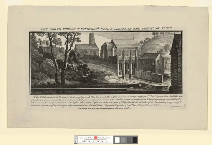 Engraving of a Gothic chapel raised over an octagonal pool, with people kneeling at its edge
