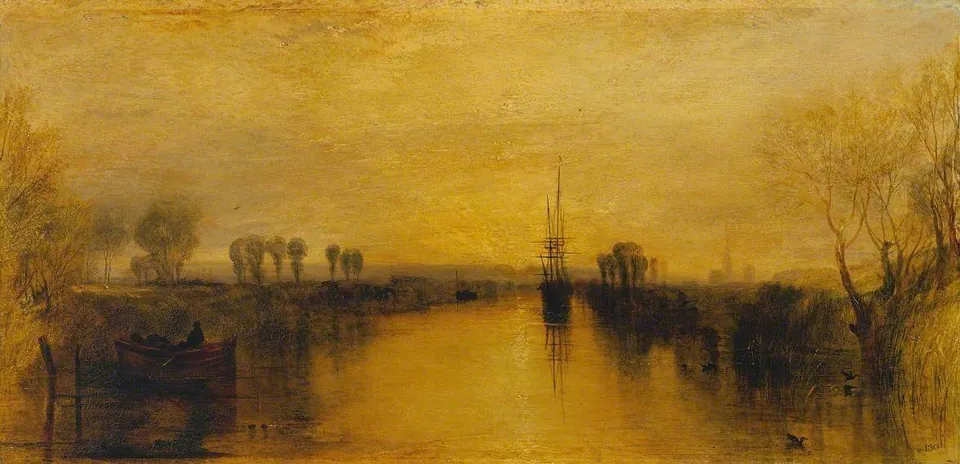 Tabloul lui Turner Chichester Canal: un canal drept, o corabie în depărtare și un cer galben de seară.