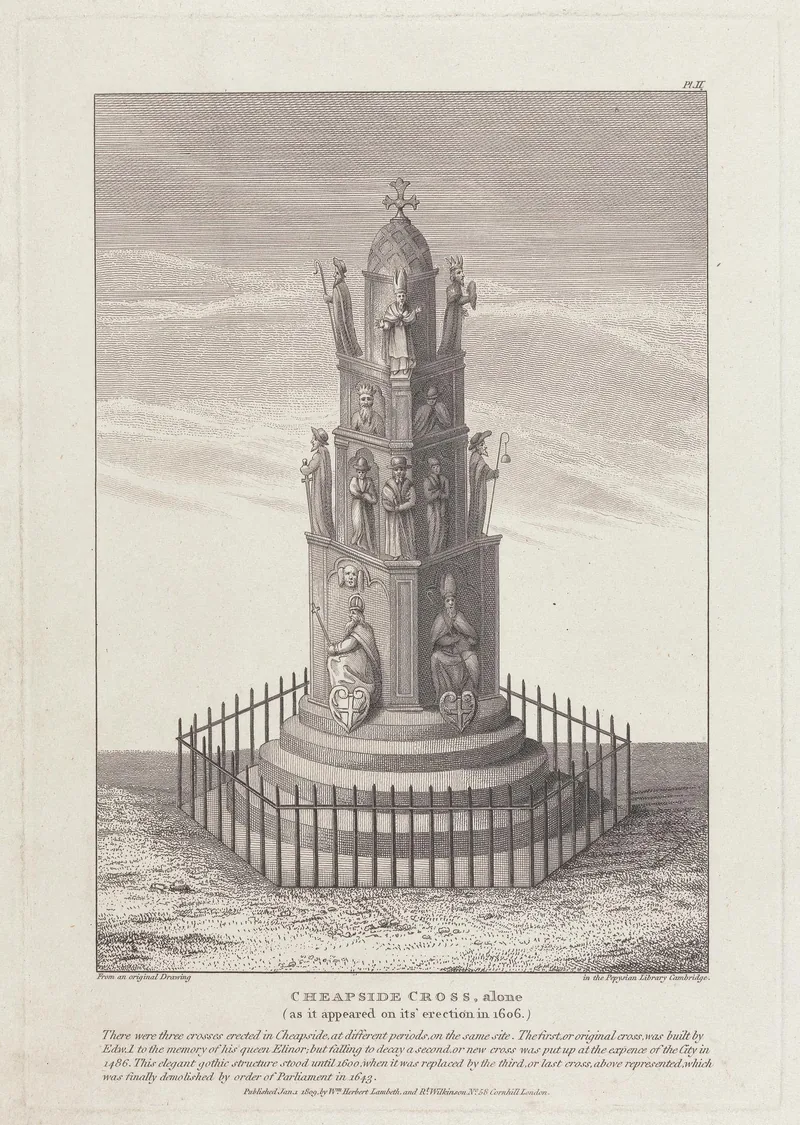 Engraving of Cheapside Cross standing alone