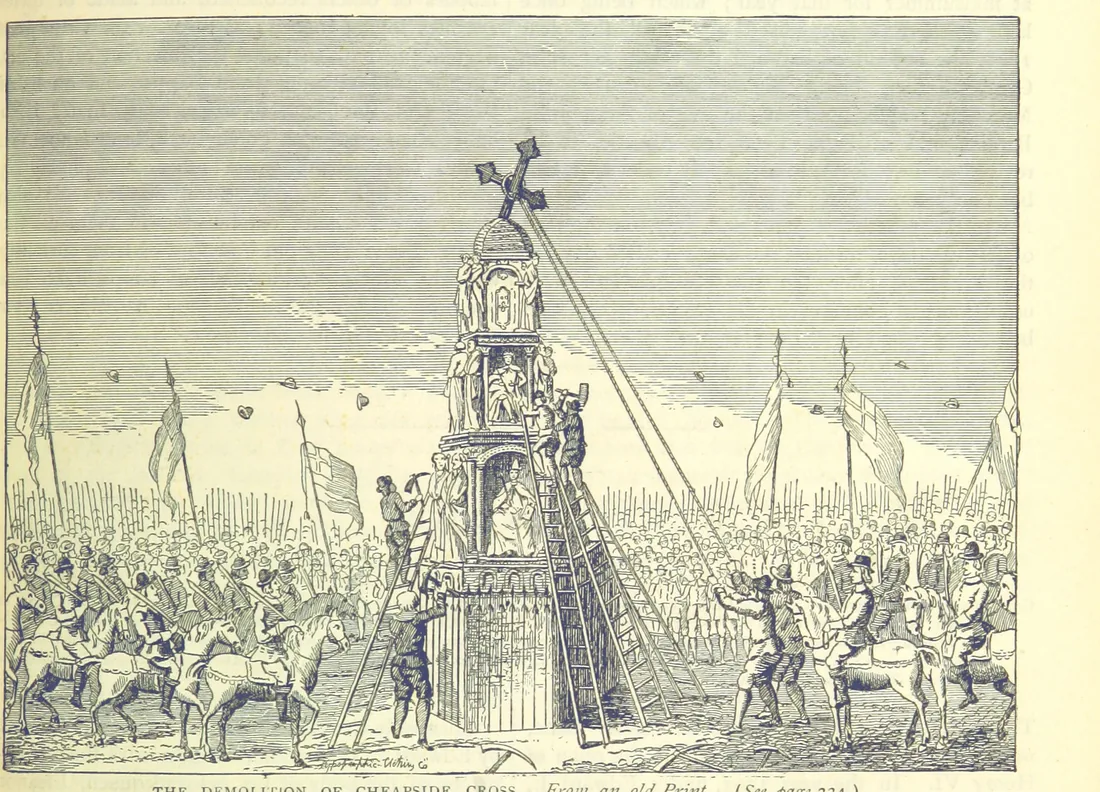 Engraving imagining the pulling-down of Cheapside Cross