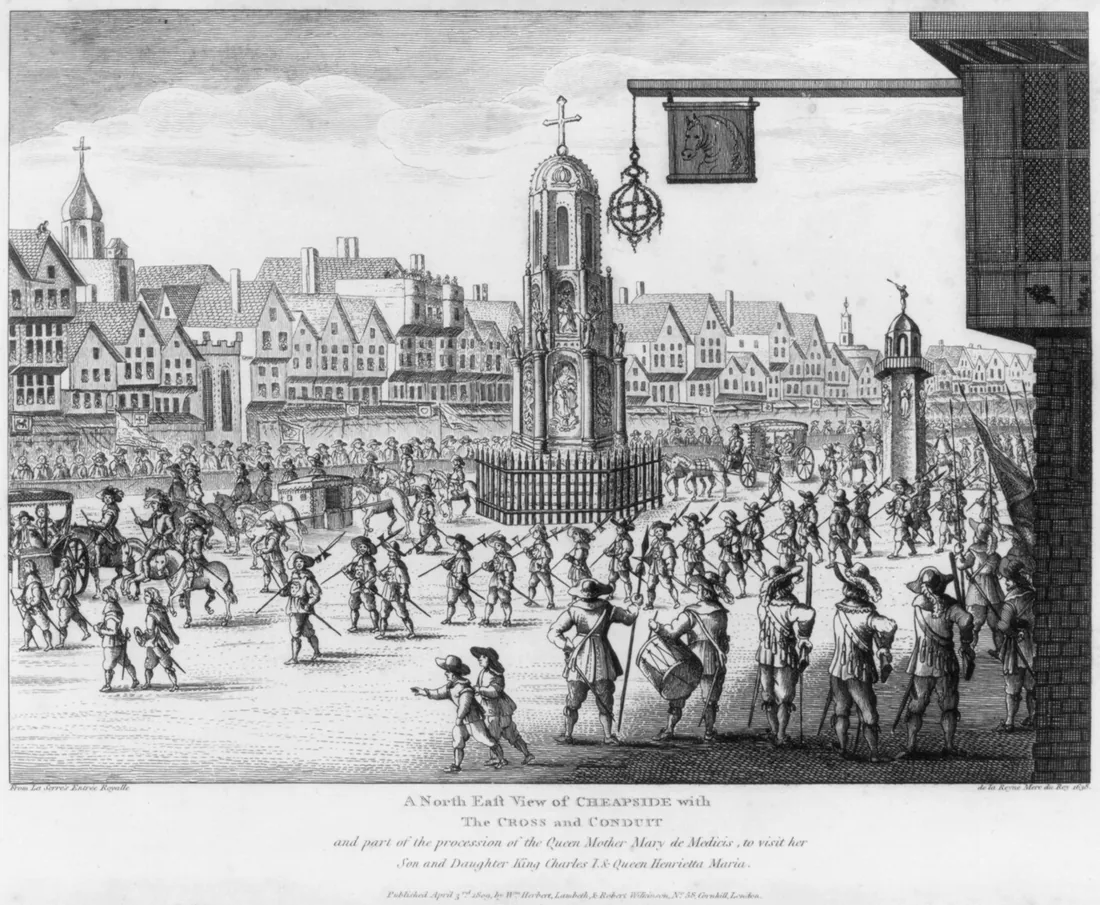 1809 engraving of Cheapside with cross and conduit, after the 1638 entry