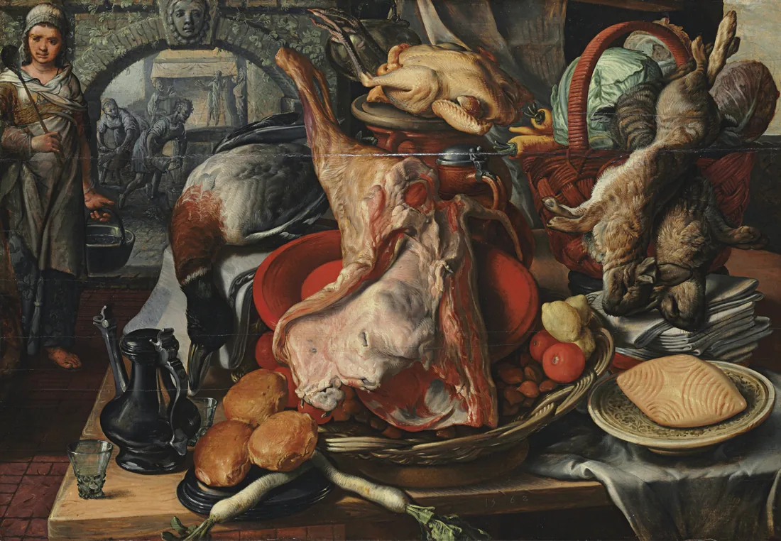 Painted market stall heaped with meat, poultry and bread