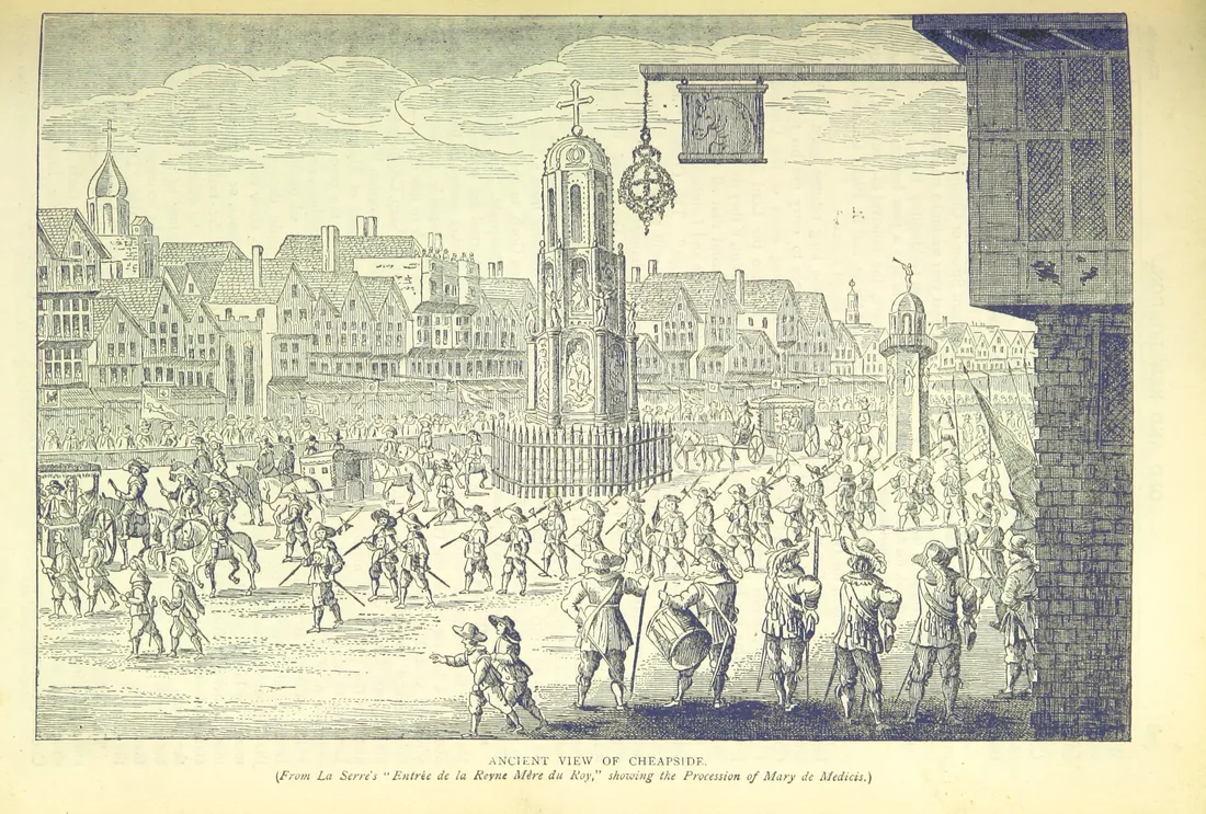 Engraving of a royal procession passing Cheapside Cross
