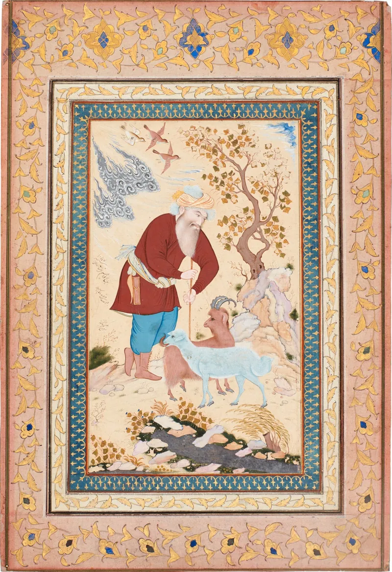 Persian miniature: an old shepherd with his staff, a sheep and a goat