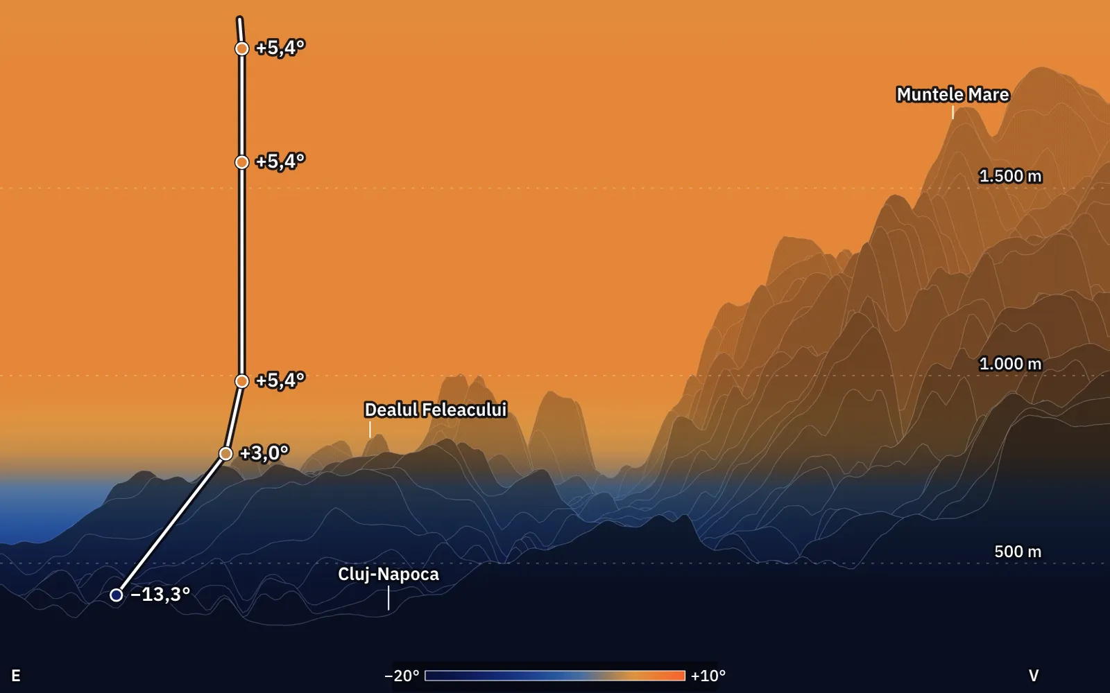 A winter night above Cluj, on the real relief: cold air in the valley, warm air at a thousand metres.