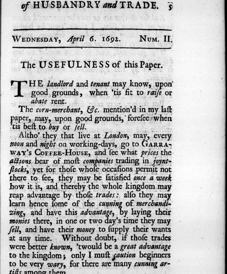 Houghton’s Collection leaf with coffee-house prices (1727 reprint)