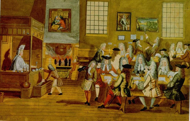 Watercolour interior of a London coffee-house, 1668