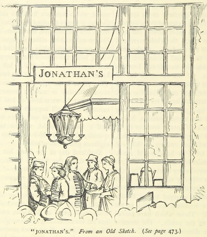 Woodcut of Jonathan’s coffee house doorway from an old sketch