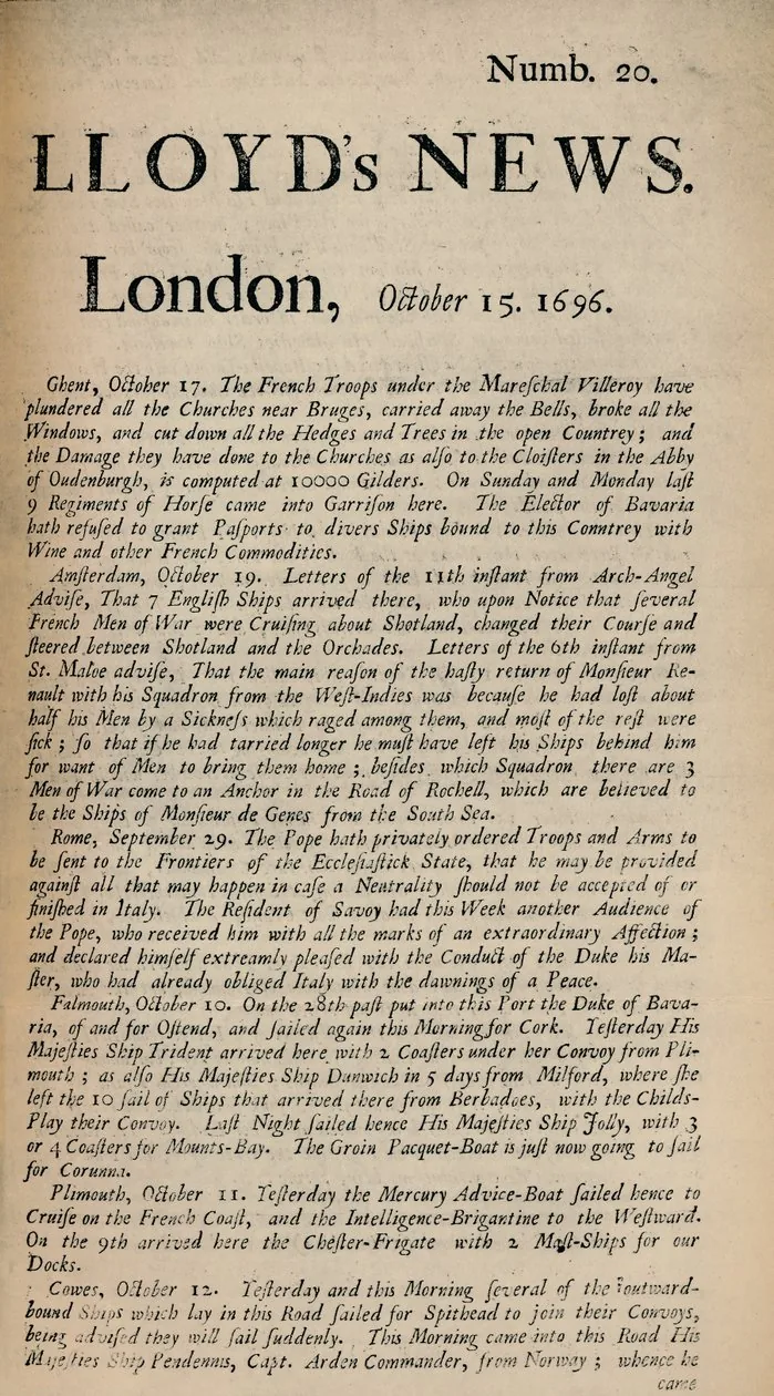 Lloyd’s News broadsheet, 15 October 1696