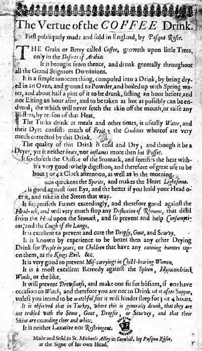 Photo facsimile of Pasqua Rosee’s coffee handbill