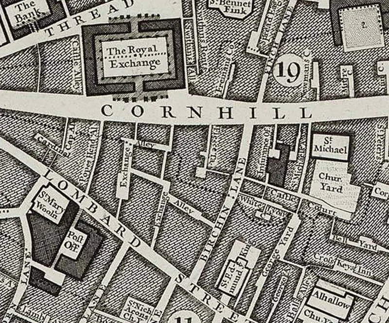 Rocque’s 1746 map crop showing Cornhill and Exchange Alley