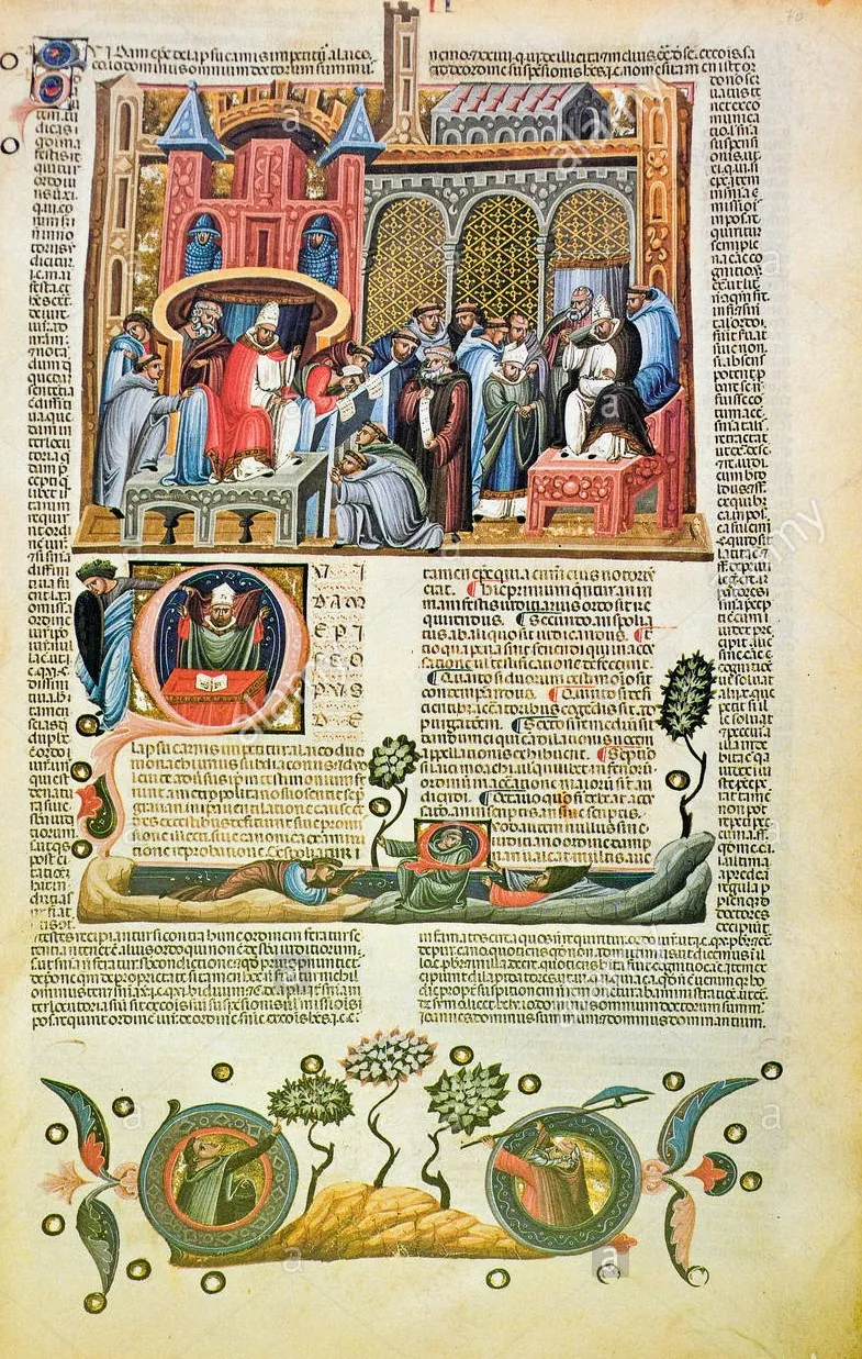 Miniatură dintr-un manuscris de drept canonic medieval (Decretum Gratiani) — genul de carte prin care canoanele au circulat veacuri la rând.