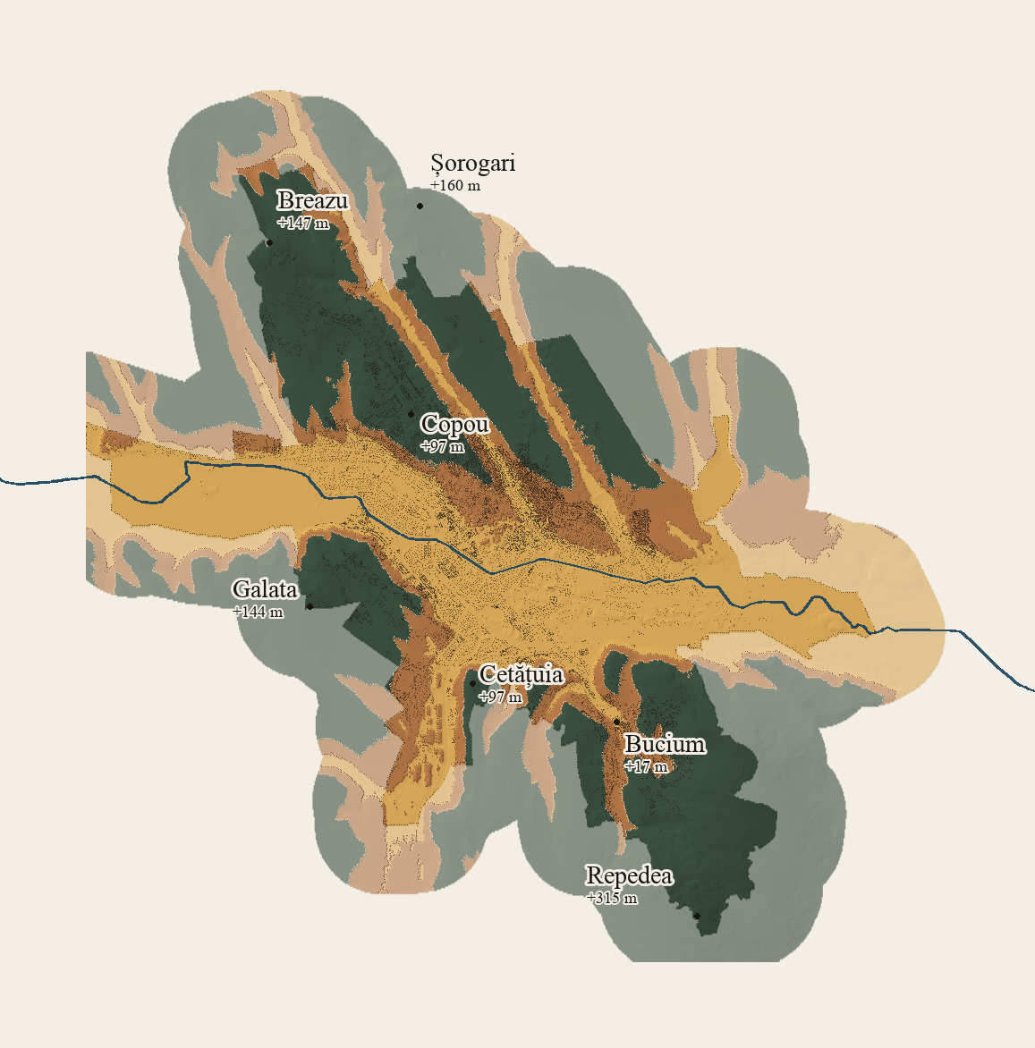 A plan of the municipality of Iași. Gold is ground within 20 metres of the Bahlui, covered with buildings. Green is the ridges at 50 metres and above. The river runs through the gold.