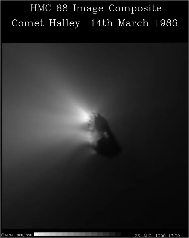 The dark, elongated nucleus of Halley’s Comet with bright jets on its sunlit side.