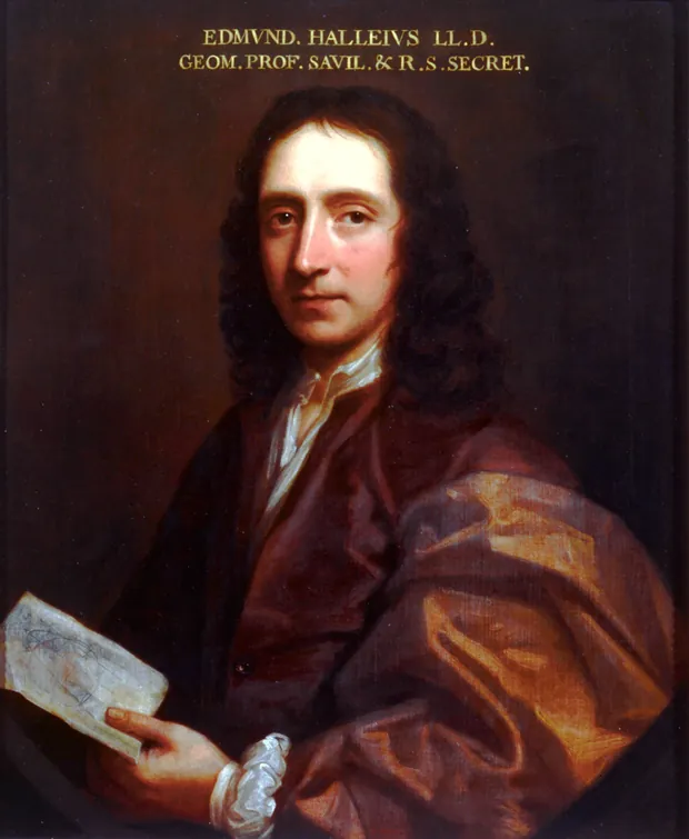 Oil portrait of a young man in a dark robe holding a sheet with a diagram.