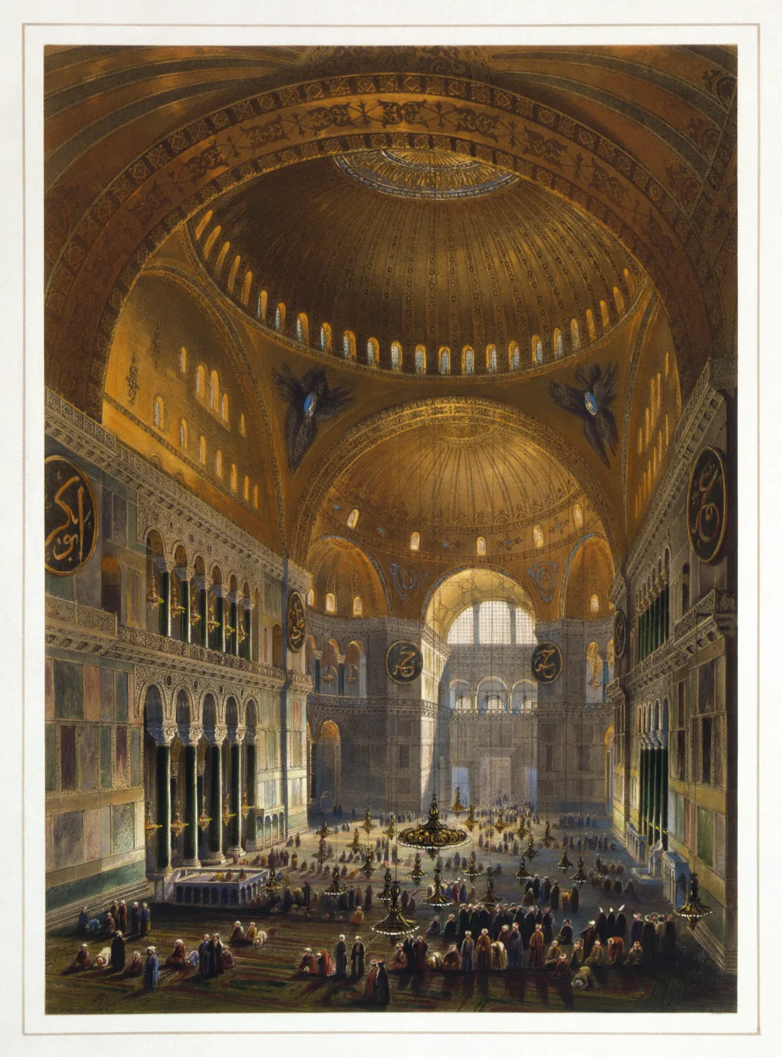 Litografie din 1852: interiorul Sfintei Sofia, cu nava uriașă sub cupolă, șirul de ferestre de la baza ei, galeriile pe coloane și oameni mărunți pe pardoseală.