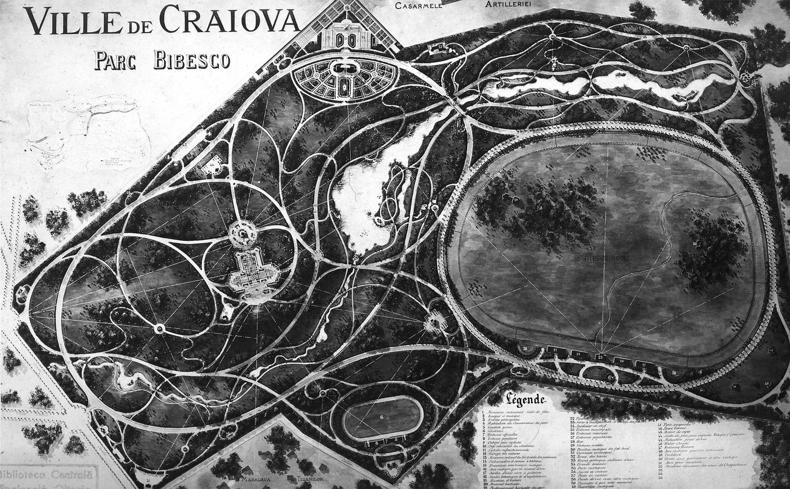 Planul proiectului „Ville de Craiova, Parc Bibesco”, desen în alb-negru cu alei, lacuri, hipodrom și legendă în franceză