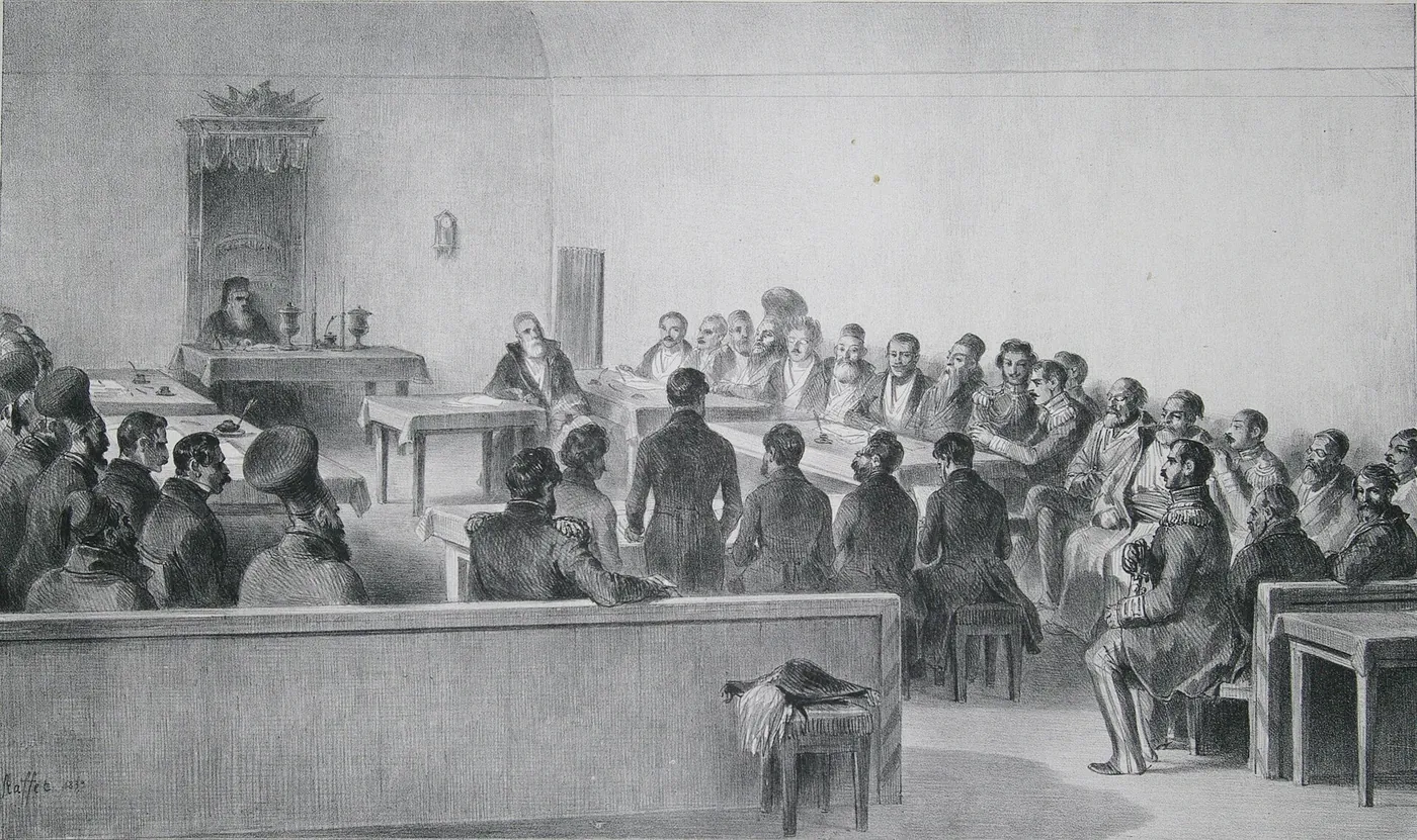 Obșteasca Adunare a Țării Românești în ședință, București, iulie 1837, litografie de Auguste Raffet. Boieri bărboși cu ișlic și anteriu stau lângă bărbați în frac și uniformă: două coduri de rang în aceeași sală.