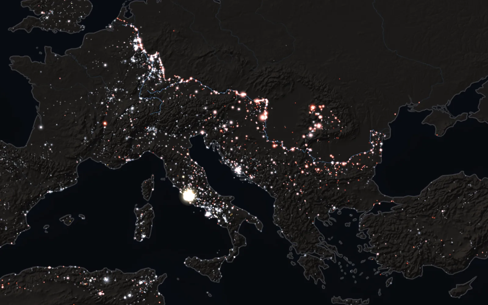 The Roman world around AD 225, with Latin inscriptions as lights: those naming soldiers line the frontiers