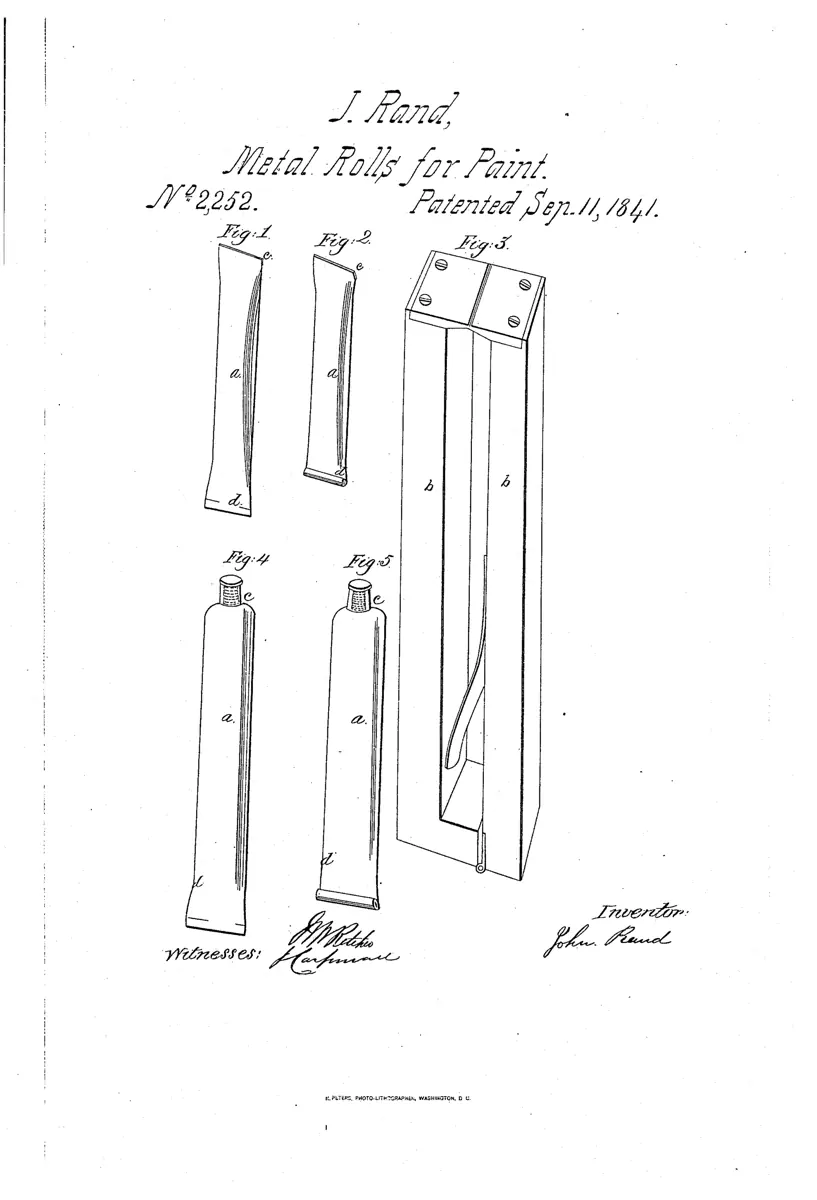 Desenul din brevetul american nr. 2.252 al lui John Goffe Rand, 1841: tuburi de metal pentru culori.