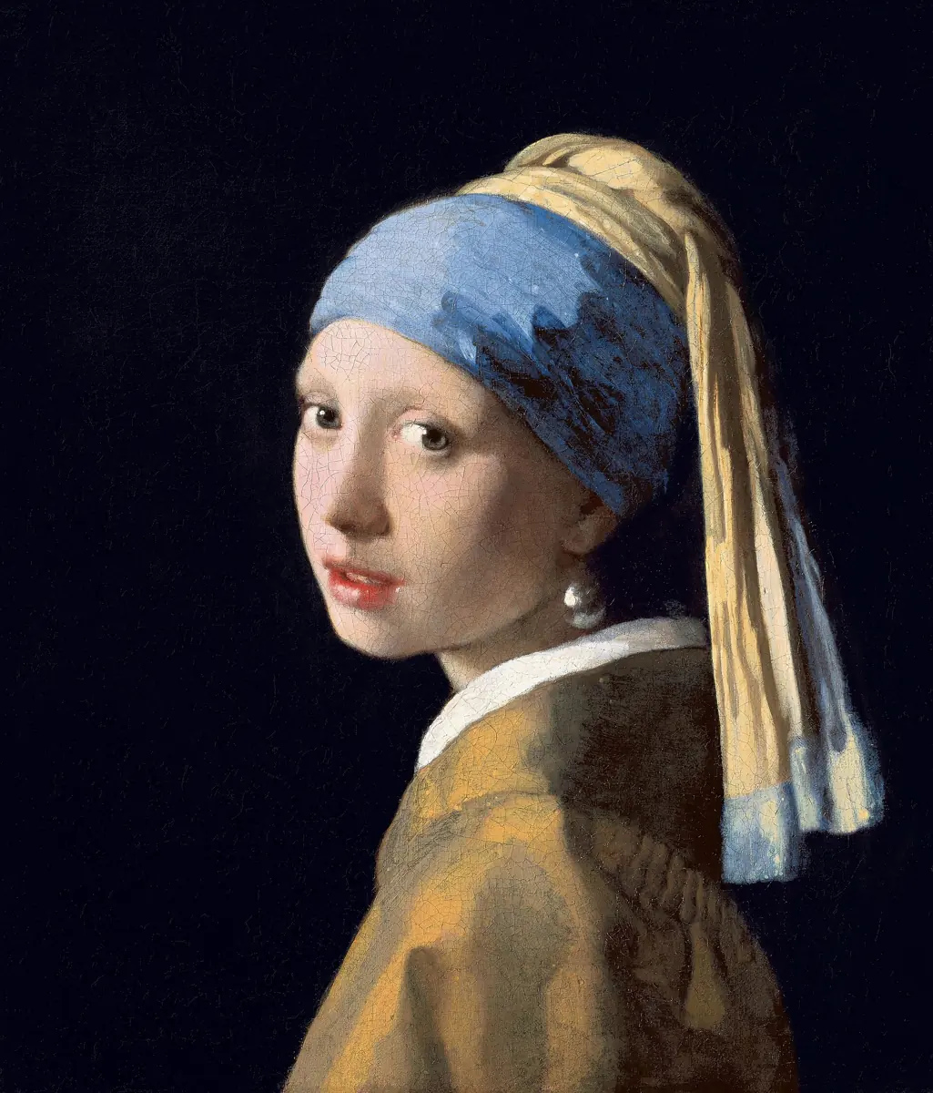 Vermeer, Fata cu cercel de perlă, cca 1665: două feluri de alb de plumb, ultramarin în turban, vermillon în buze.