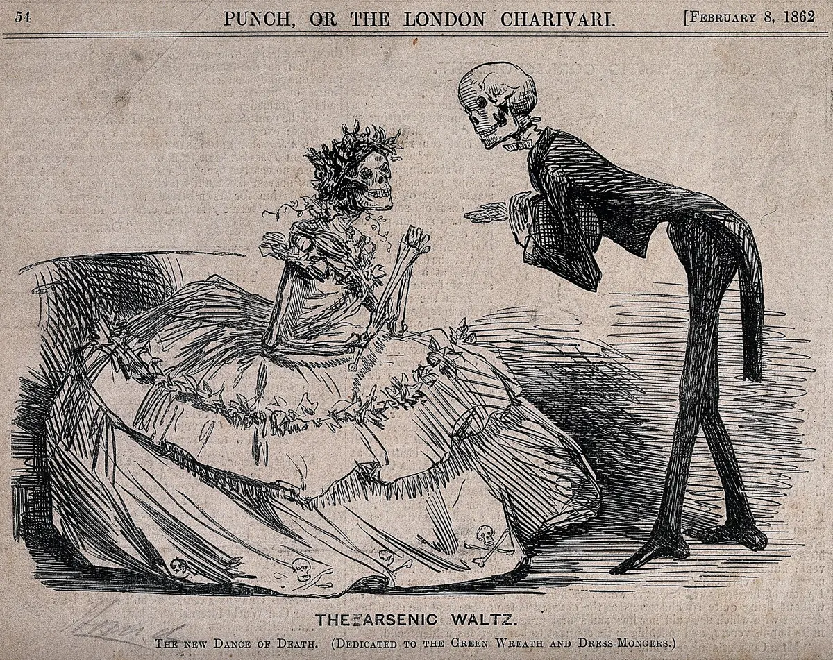 „Valsul arsenicului”, caricatură din revista Punch, 1862, după morțile provocate de verdele cu arsenic.