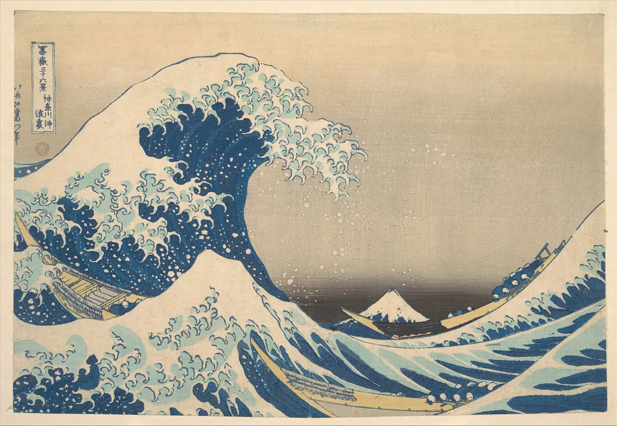 Hokusai, Valul cel mare de la Kanagawa, cca 1830–1831, gravură în lemn: albastru de Prusia și indigo.