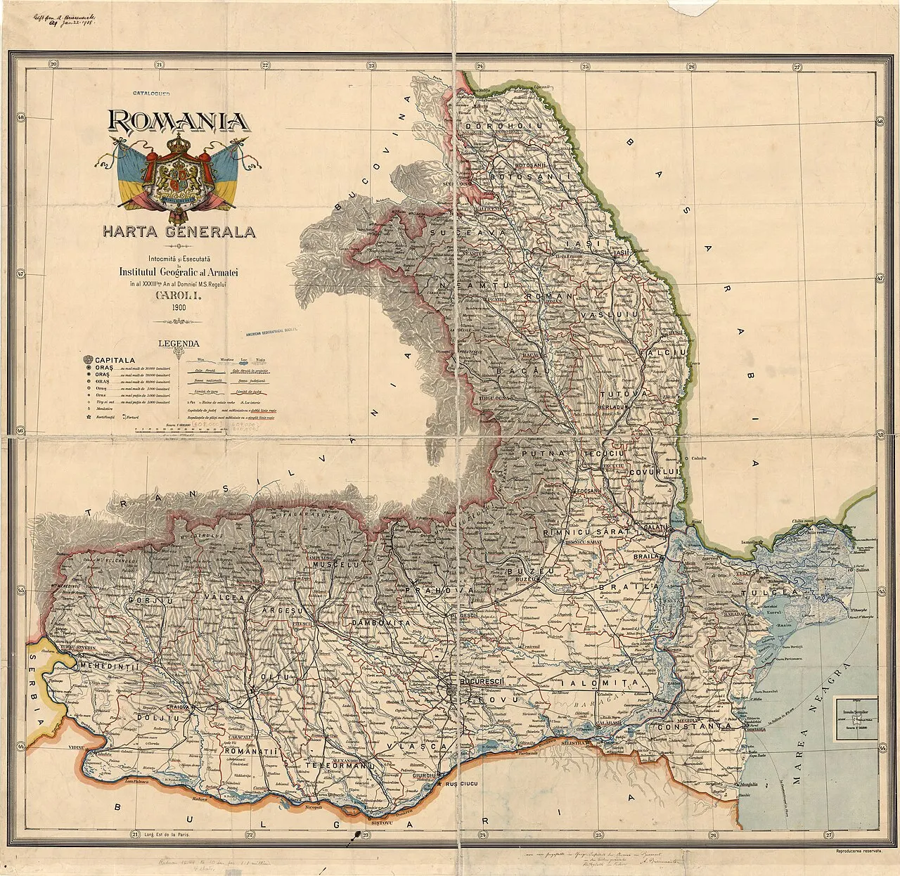 Hartă istorică a României din 1900, cu relieful și frontierele epocii.