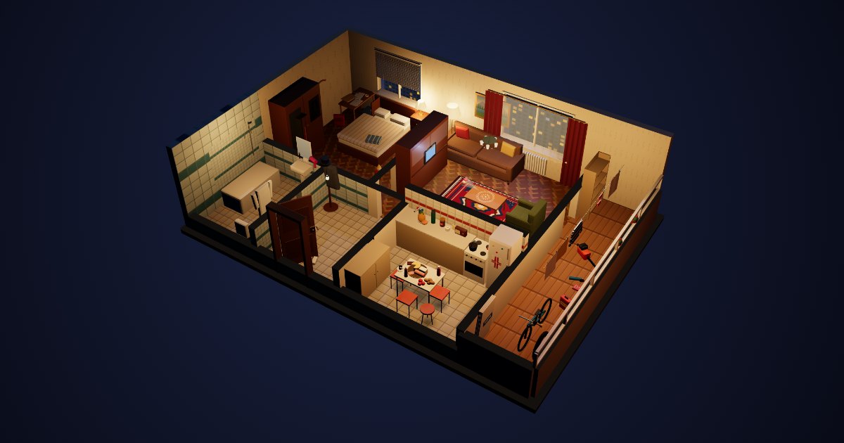The block flat seen from above, cut away, at night.