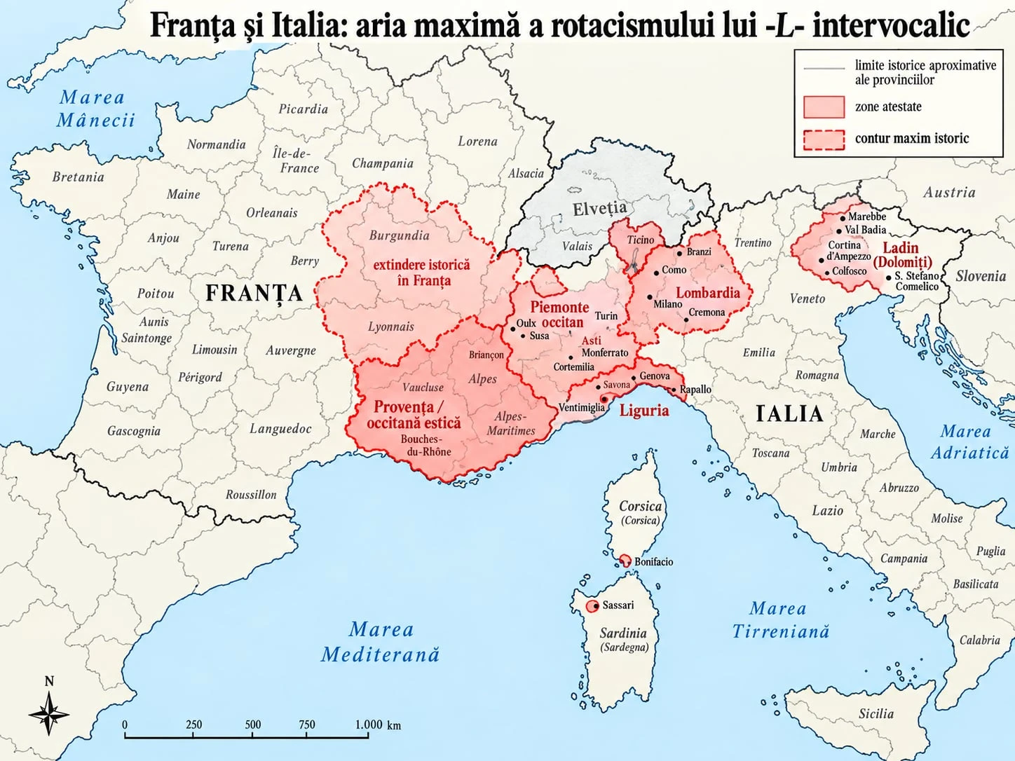 Dan Ungureanu's map: the areas of France and Italy where l between vowels became r. Red: Liguria, Occitan Piedmont, Lombardy, Ticino, Ladinia, Provence; the dotted outline reaches Lyon and Burgundy.