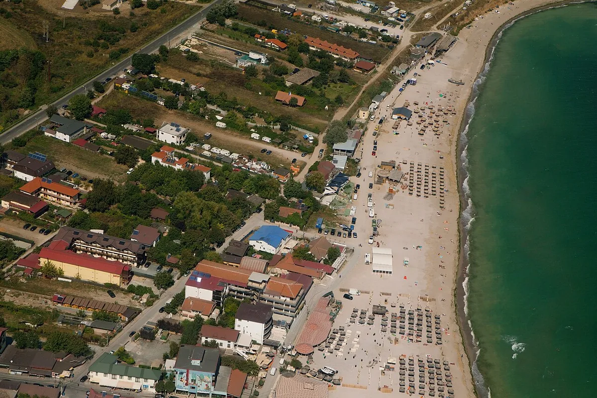 Aerial view of the beach at Vama Veche, on the Black Sea shore.