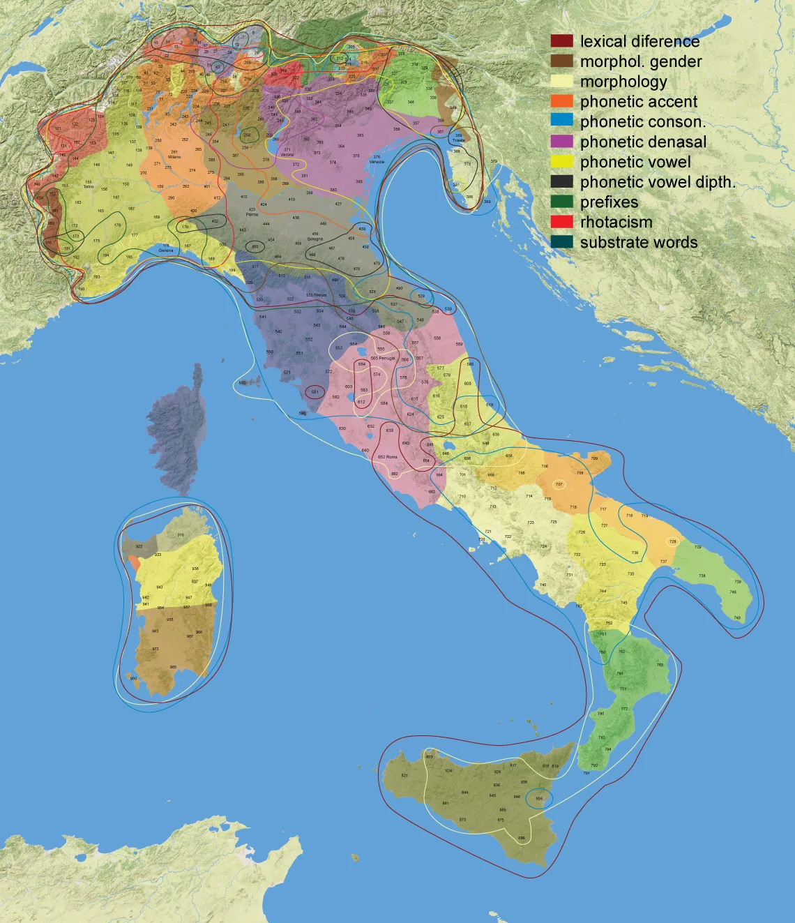 Harta Italiei desenată cu zone colorate pentru 11 categorii de asemănări cu româna