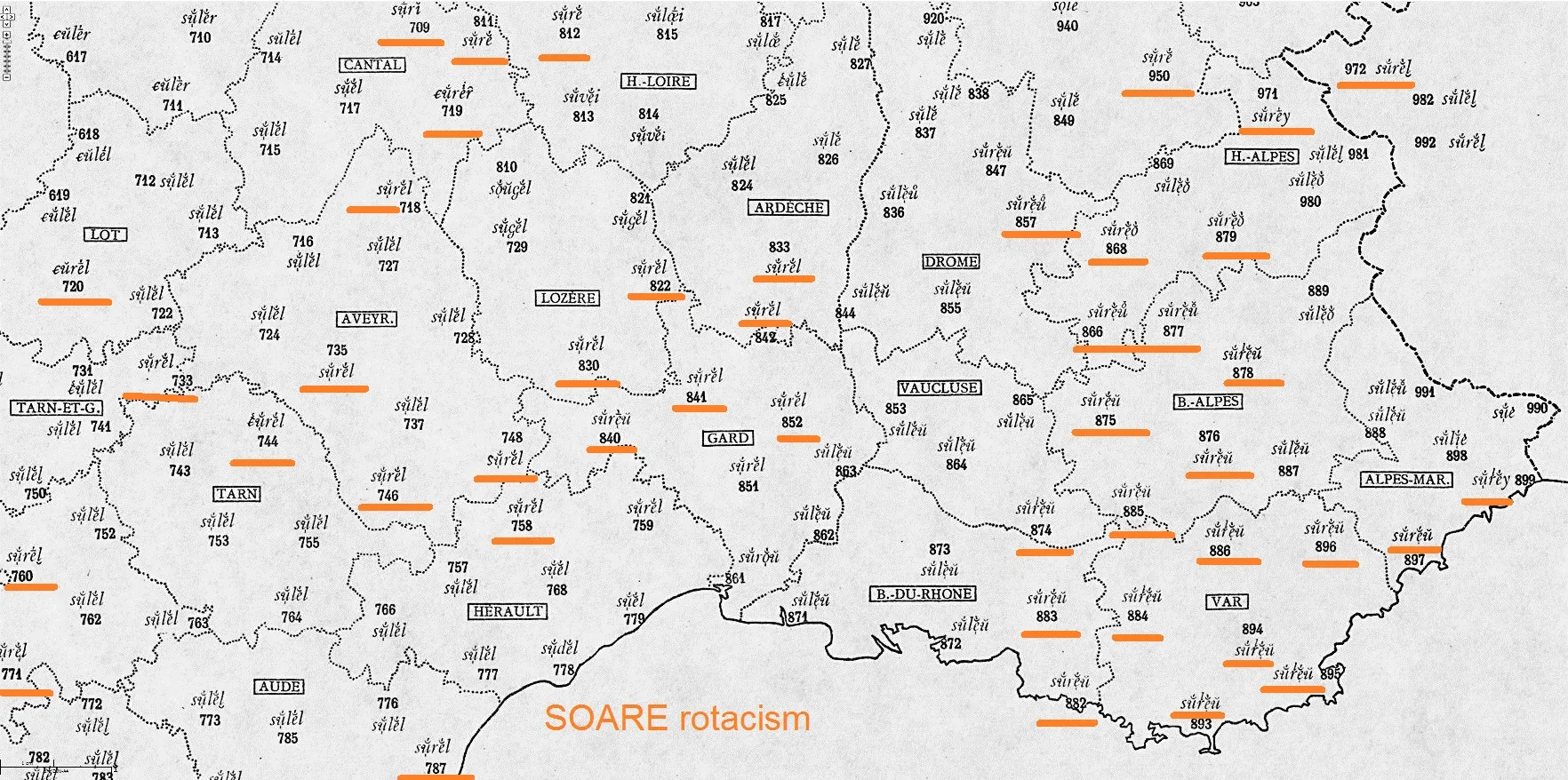 Fragment din harta atlasului francez pentru „soleil”, cu formele cu r subliniate cu portocaliu