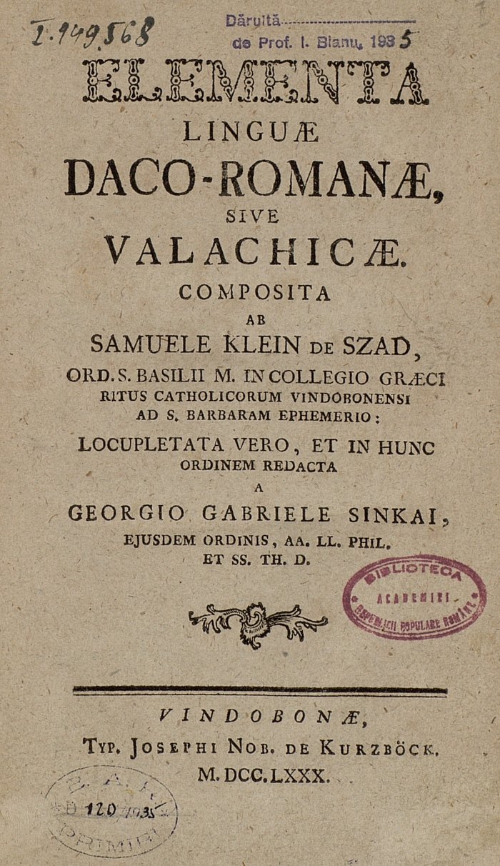 Pagina de titlu a gramaticii Elementa linguae daco-romanae, Viena, 1780