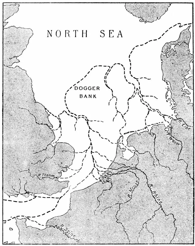 Hartă din 1913 a Insulelor Britanice și a Mării Nordului, cu o fâșie hașurată de fost uscat în jurul coastelor și o câmpie care leagă estul Angliei de continent, cu Dogger Bank la marginea ei nordică.