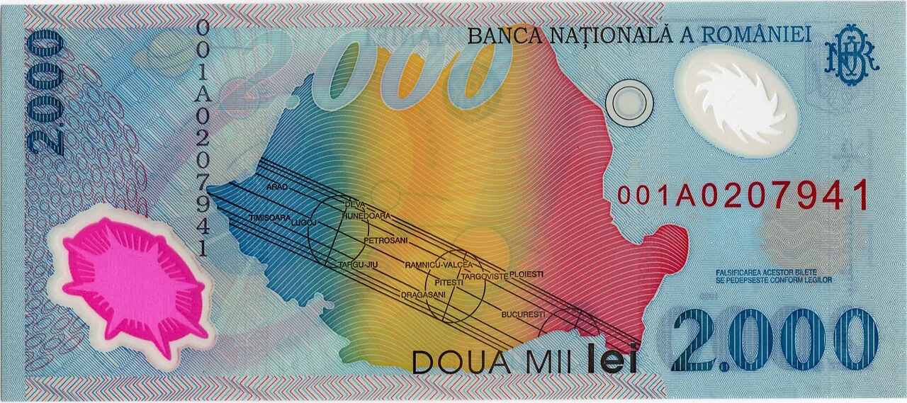 The 1999 Romanian 2,000 lei note, with the eclipse track map