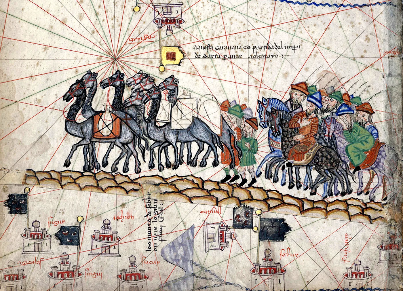 Marco Polo's caravan on the road east, detail from the Catalan Atlas.