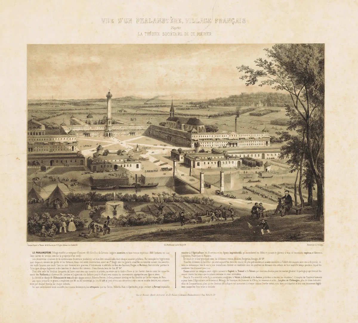 Lithograph: view of a phalanstery, a French village after Fourier's theory