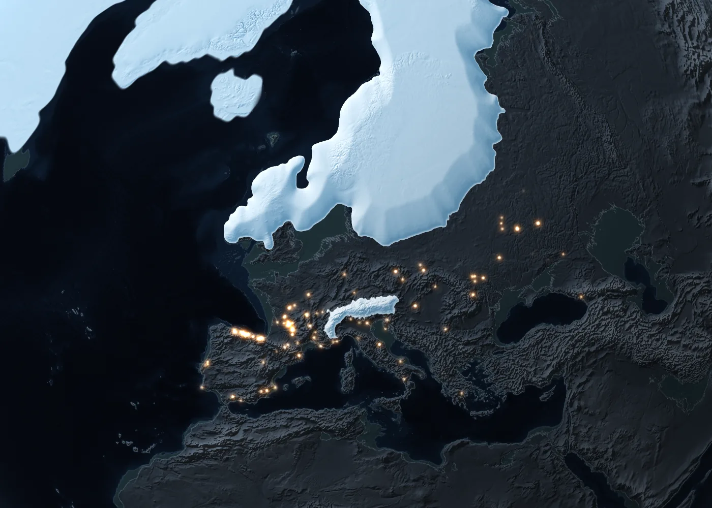 Europe 21,000 years ago: the Scandinavian ice sheet joined to the British one, the Alps under ice, the North Sea and the northern Adriatic as dry land.
